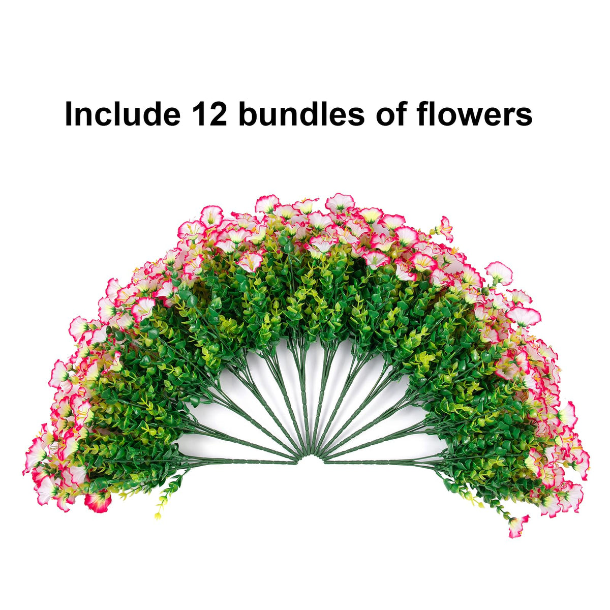 Artificial Faux Outdoor Flowers Plants for Spring Summer Decoration (12 Bundles Pink)
