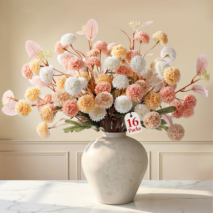 16 Pcs Faux Silk Mums with Eucalyptus (Beige Pink Orange White)