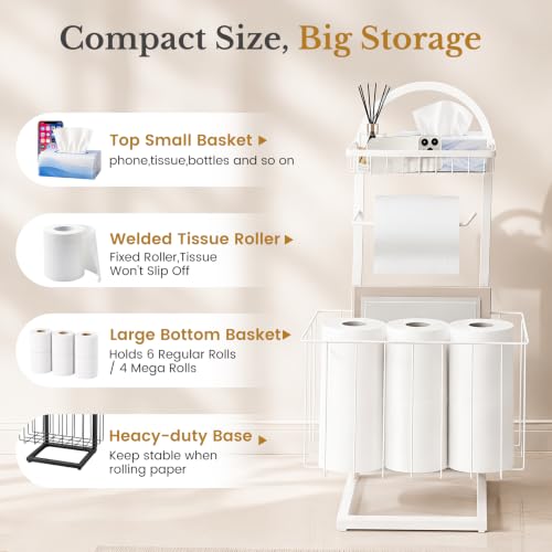 Toilet Paper Holder Stand Freestanding with Storage Basket for Bathroom (White)