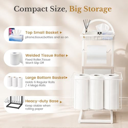 Toilet Paper Holder Stand Freestanding with Storage Basket for Bathroom (White)