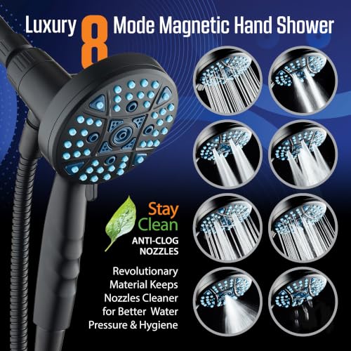 Seen-On-TV High Pressure 8-mode Handheld Shower Head - 2-mode Power Wash to Clean Tub, Tile & Pets, Stay-Clean Nozzles, Extra Long 6 ft. Stainless Steel Hose, Wall & Overhead Brackets