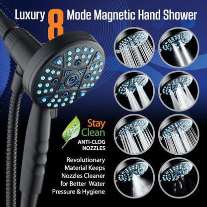 Seen-On-TV High Pressure 8-mode Handheld Shower Head - 2-mode Power Wash to Clean Tub, Tile & Pets, Stay-Clean Nozzles, Extra Long 6 ft. Stainless Steel Hose, Wall & Overhead Brackets