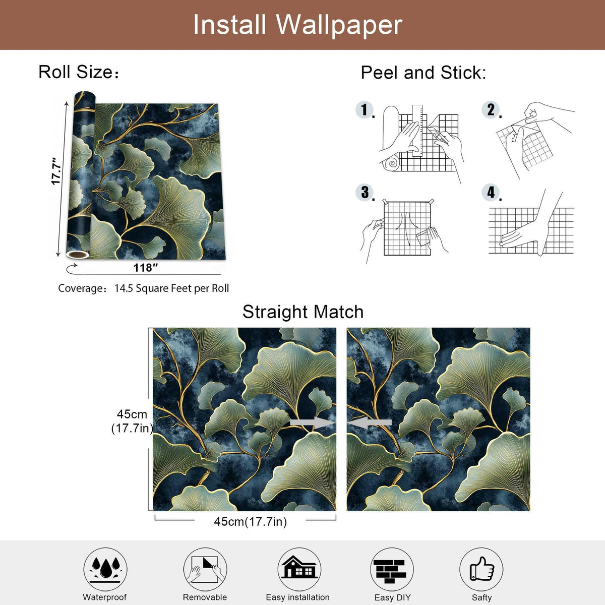 Dark Blue Ginkgo Leaf Peel and Stick Wallpaper (17.7" x 118")
