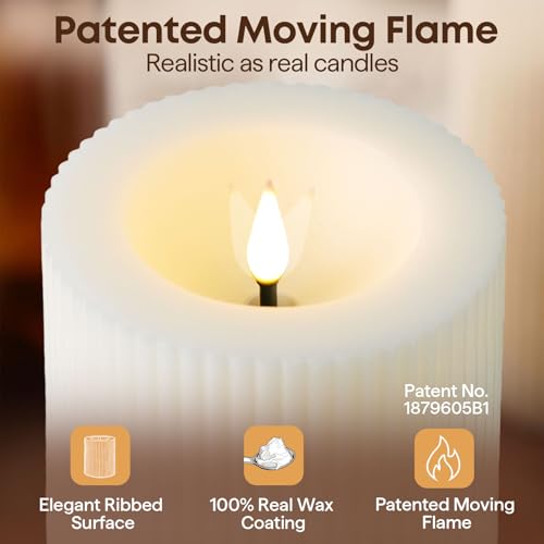 Ribbed Moving Flame Flameless Pillar Candles with Remote Set of 3