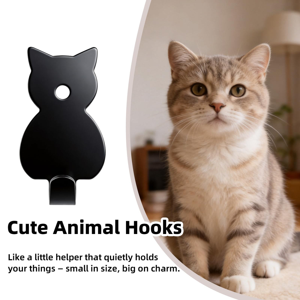 Stainless Adhesive Shower Hooks for Bathroom (Black - Cat)