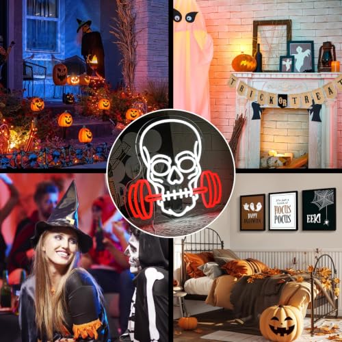 Skull Barbell Halloween Neon Sign for Wall Decor Halloween Neon Light Red Dumbbell LED Sign Fitness Neon Light Sign Gym Neon Light for Halloween Man Caves Bar Game Room Fitness Club Decoration (Dumbbell Skull)