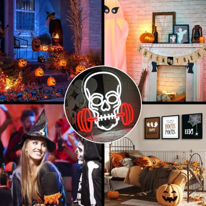 Skull Barbell Halloween Neon Sign for Wall Decor Halloween Neon Light Red Dumbbell LED Sign Fitness Neon Light Sign Gym Neon Light for Halloween Man Caves Bar Game Room Fitness Club Decoration (Dumbbell Skull)