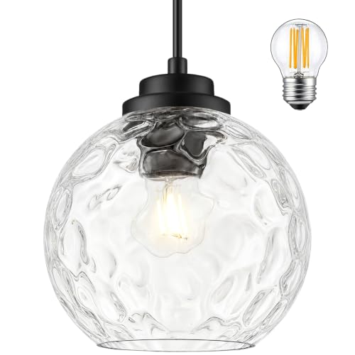6" Black Globe Pendant Light Ribbed Glass Pendant Lights Kitchen Island Height Adjustable Mid