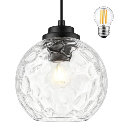 6" Black Globe Pendant Light Ribbed Glass Pendant Lights Kitchen Island Height Adjustable Mid