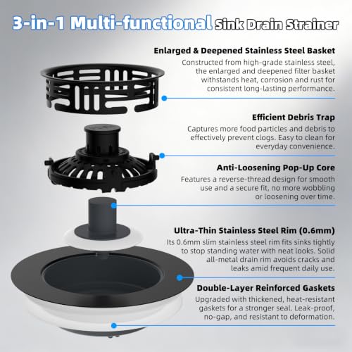 2 Pack 3 in 1 Kitchen Sink Drain Strainer (Black)