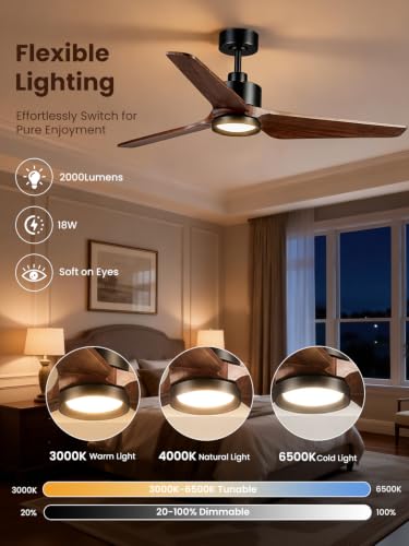 52 inch Ceiling Fan with Light and 3 Solid Wood Blades