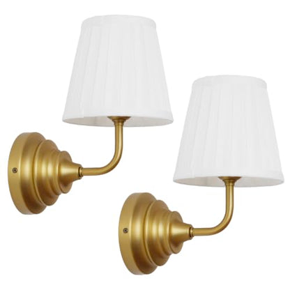 Vintage Wall Sconce Light Brass Gold Bathroom Vanity Light with Cotton Fabric Shade Hardwire Wall Sconce Lamp for Bedroom Living Room Bathroom Hallway Indoor