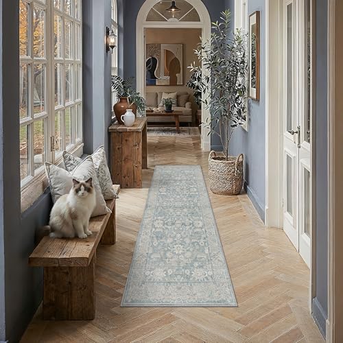 2x6 Blue Washable Runner Rug Non Slip Retro Distressed Carpet (Distressed | Blue / 2' x 6' (Runner))