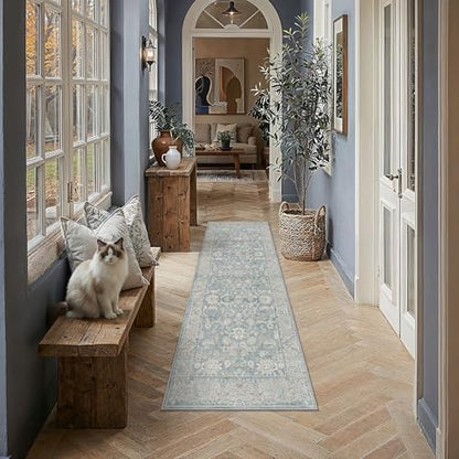 2x6 Blue Washable Runner Rug Non Slip Retro Distressed Carpet (Distressed | Blue / 2' x 6' (Runner))