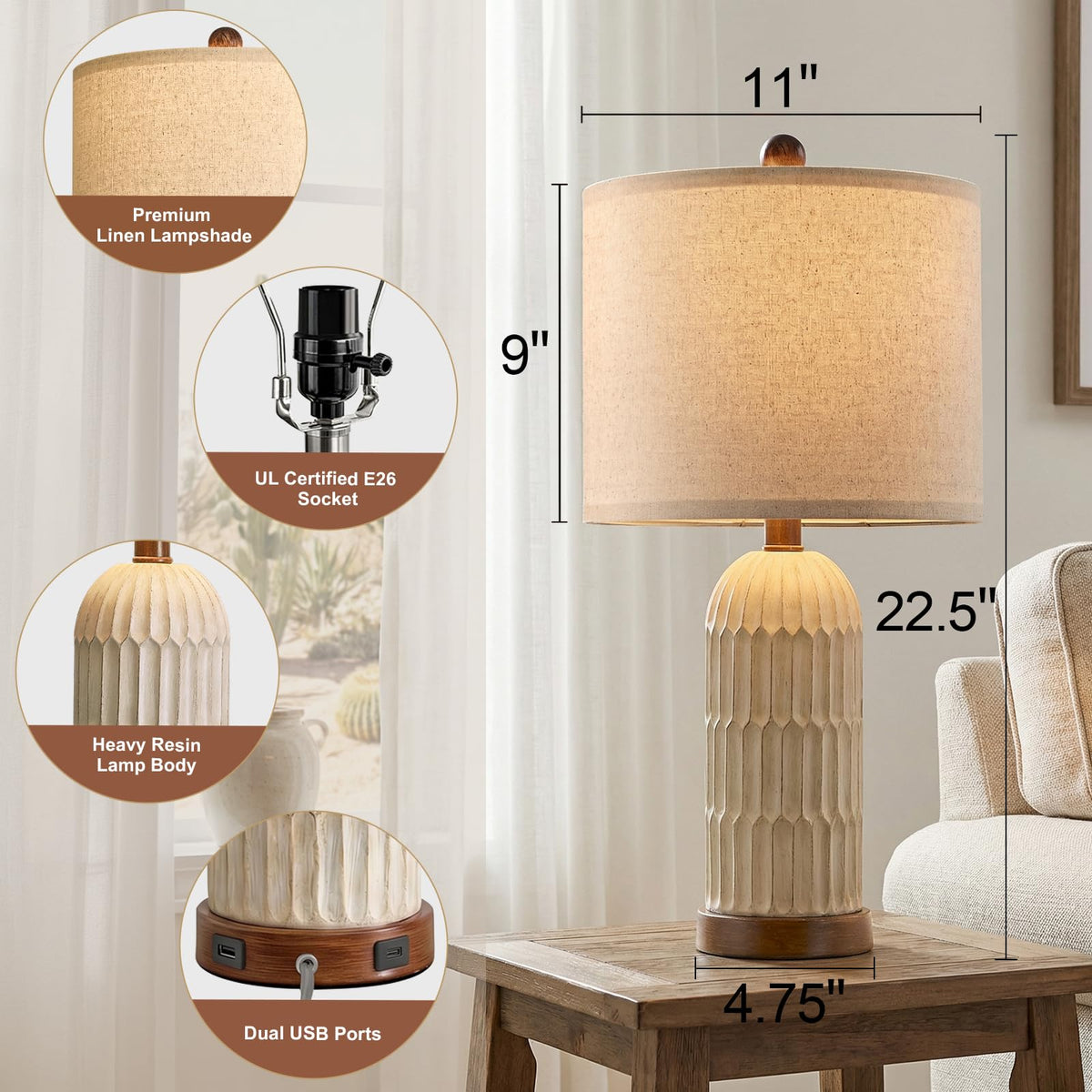 22" Bedroom Table Lamps Set of 2 (22" Yellow and Brown)
