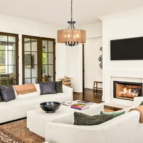 2-in-1 Convertible Rattan Boho Chandelier Pendant Light Fixture for Dining Room Bedroom Living Room