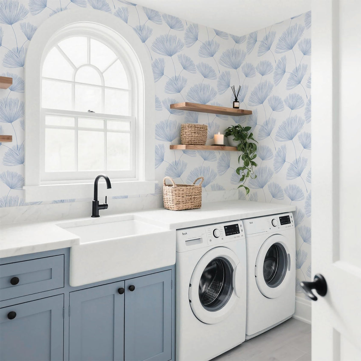 Blue and White Peel and Stick Wallpaper Dandelion 17.3in x197in Contact Paper Peel and Stick Wall Paper Modern Boho Self Adhesive Removable Vinyl Wallpaper for Bedroom Bathroom (Blue/White / 17.3" x 197")