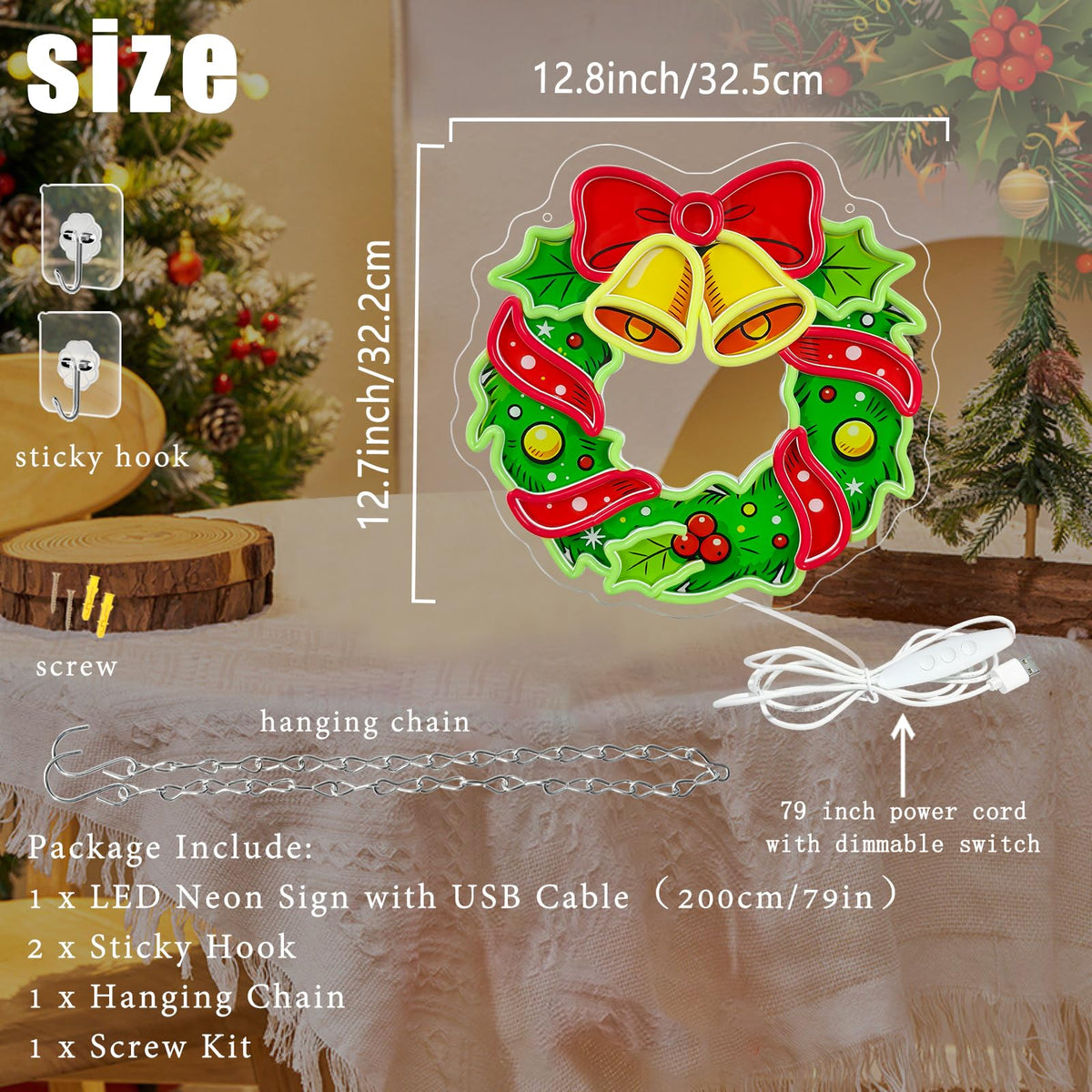 Christmas Wreath Neon Sign Dimmable Christmas Bell Bow LED Neon Light (SDHH)
