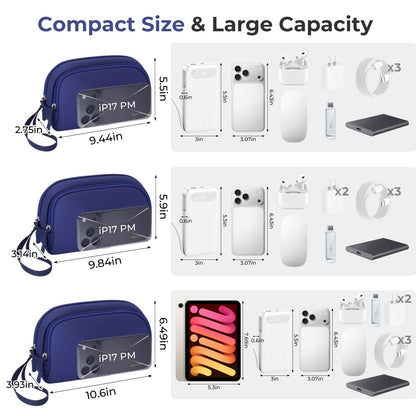 Electronics Travel Organizer 9 Compartment Dual Layer Tech Pouch Lightweight Water Resistant Travel Cable Organizer Bag for Chargers Cords Phone Power Bank Tech Essentials and Daily Items (Blue / L)
