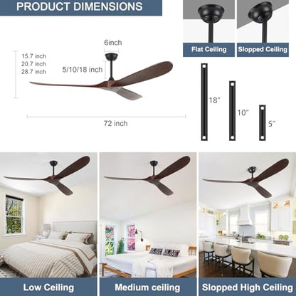 72inch Solid Wood Ceiling Fan no Light (72 inch / Dark walnut)