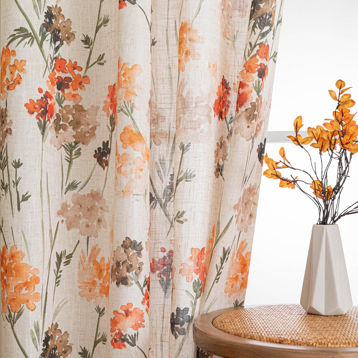 Orange Semi Sheer Floral Curtains Linen Printed Drapes (Orange / 52"W x 63"L (Pack of 2))