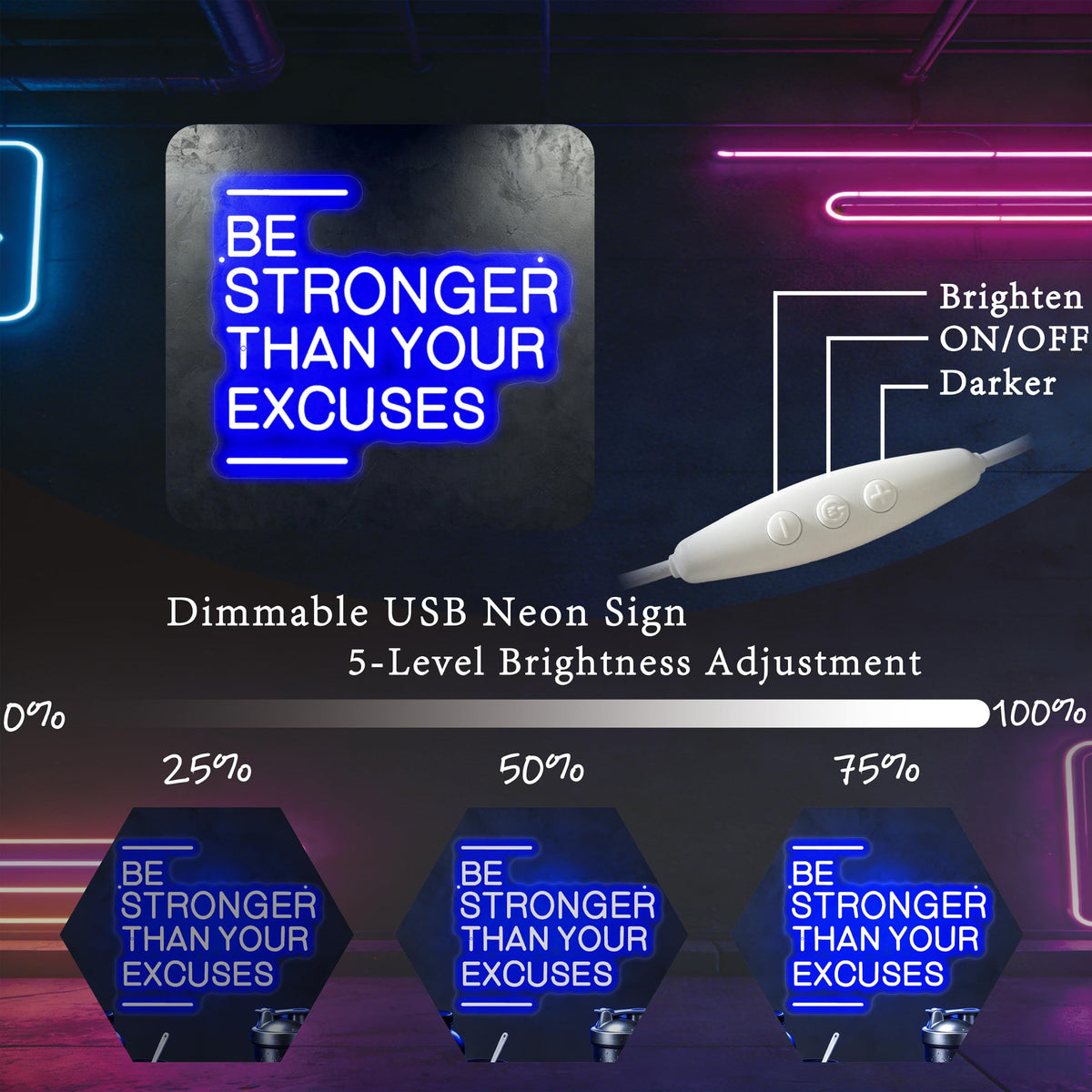 Be Stronger Than Your Excuses Neon Sign Gym Wall Accent‑Blue (Be Stronger Than Your Excuses-Blue)