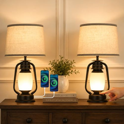 Dimmable Table Lamp Set of 2 with USB C Port with E26 Bulb