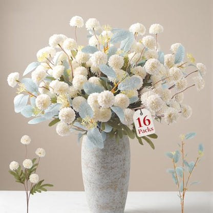 16Pcs Faux Silk Mums Artificial Flowers with Eucalyptus White (White)