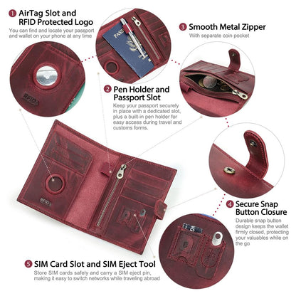Full Grain Leather Passport Holder Compatible with Airtag Passport Wallet RFID Blocking Travel Passport Cover with SIM Card Removal Tool (Wine Red / Plain- Snap)