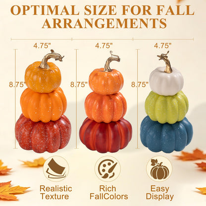 3Pcs 8.75" Stacked Pumpkin Tower Decor (Orange Blue & Yellow)