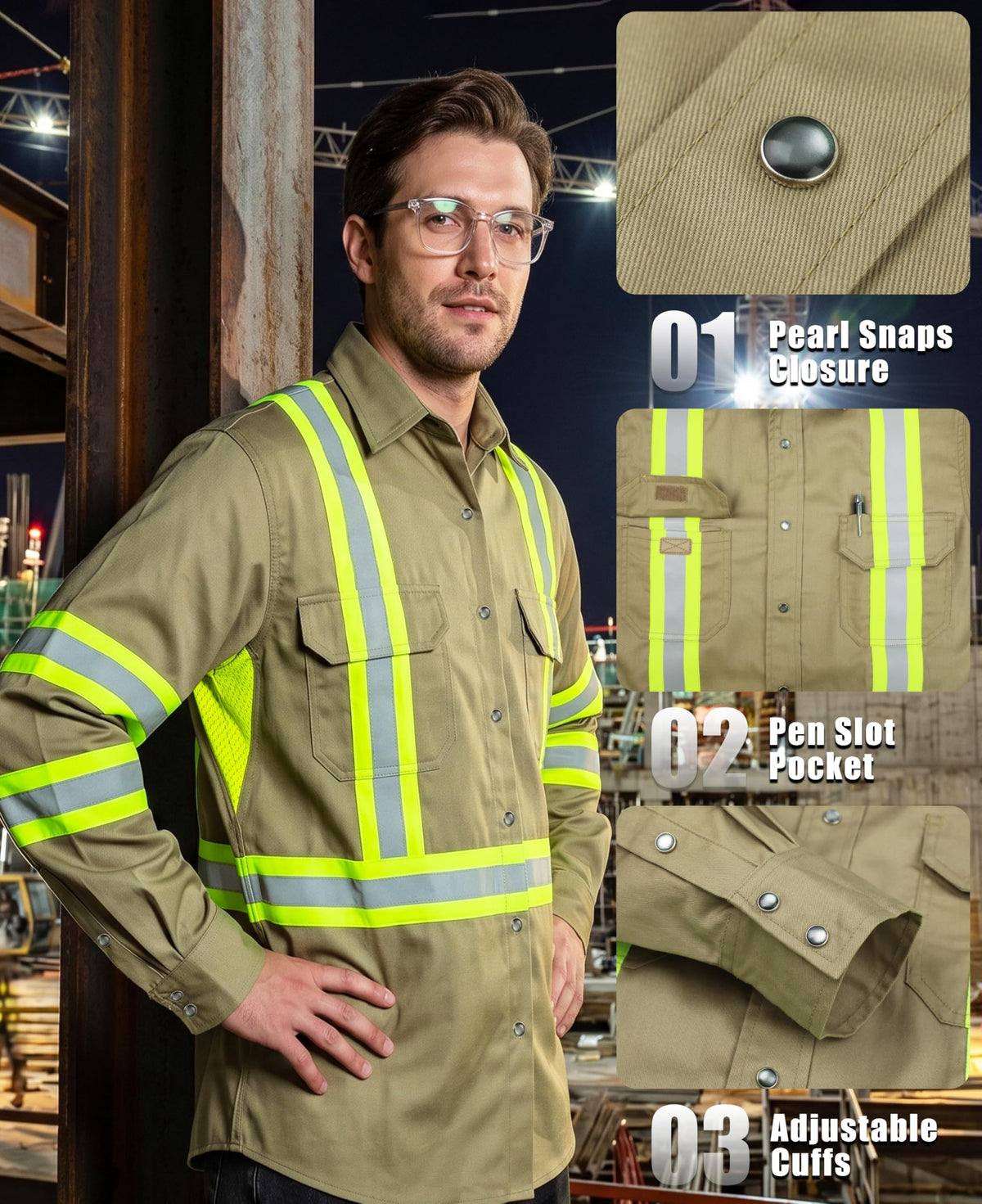 Vented FR High Vis Shirts Reflective Pearl Snaps Summer Work Safety (X-Large Tall / Khaki)