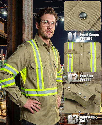 Vented FR High Vis Shirts Reflective Pearl Snaps Summer Work Safety (X-Large Tall / Khaki)