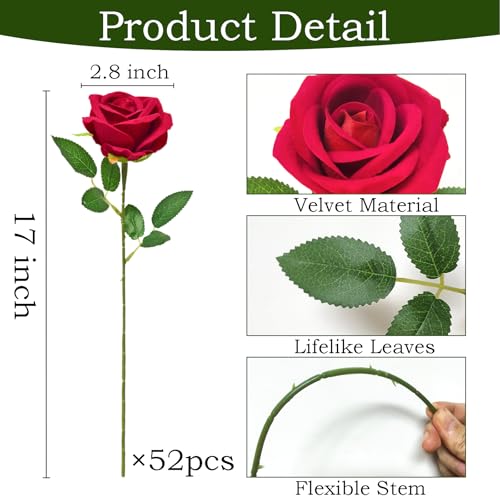 50Pcs Red Roses Artificial Flowers with Stems for Home Decor (Red / 50Pcs)