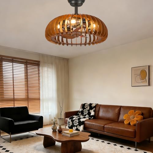 Wooden Caged Ceiling Fan Bladeless Farmhouse Fandelier Reversible for Small Bderoom Dining Living Room