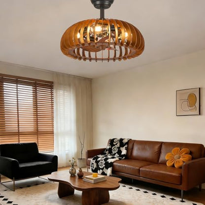 Wooden Caged Ceiling Fan Bladeless Farmhouse Fandelier Reversible for Small Bderoom Dining Living Room