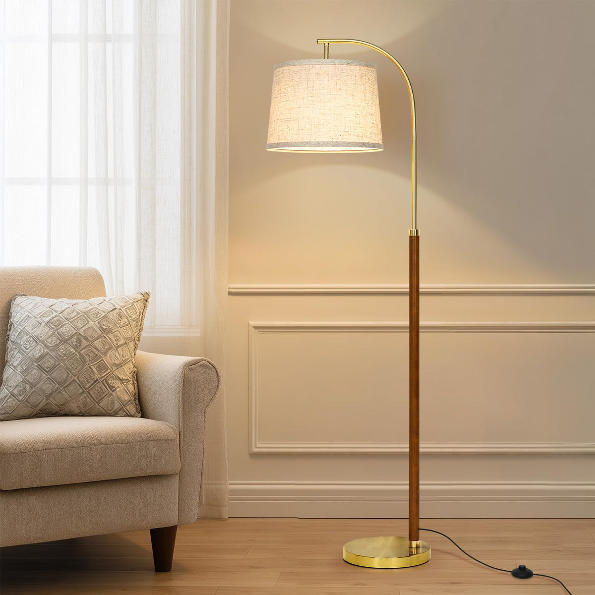Wood Arc Floor Lamp (Gold and Walnut A)