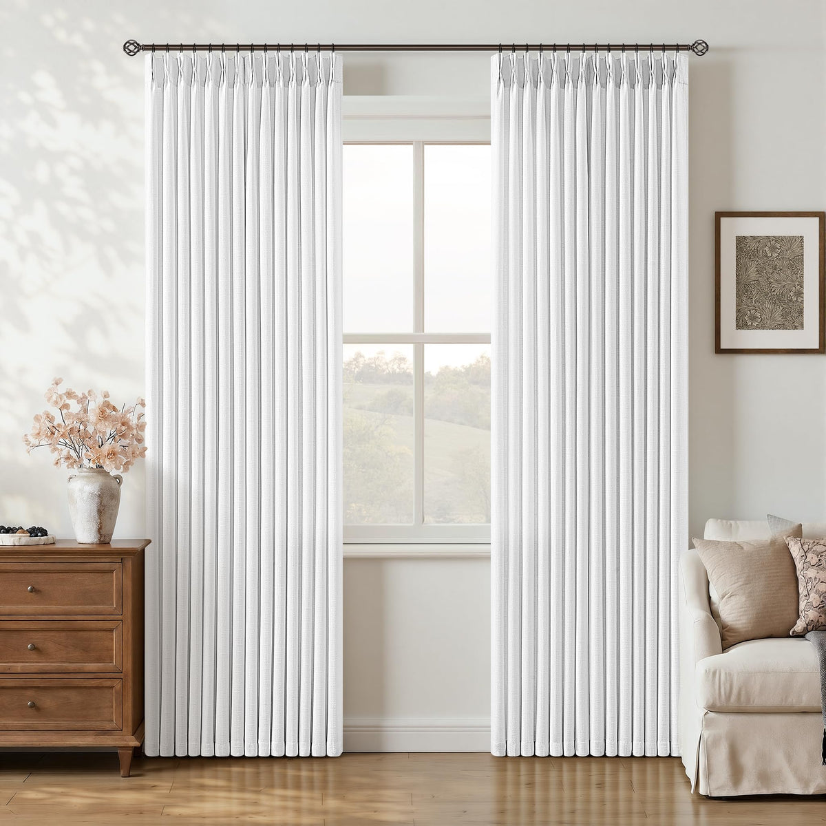 Pinch Pleated 84 Inch White Neutral Light Filtering Window Curtains 40x84 (Snow White / 40"W x 84"L (Pack of 2))