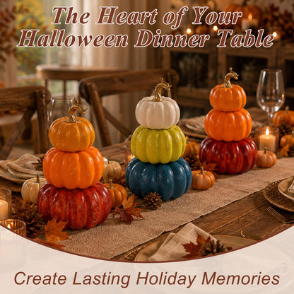 3Pcs 8.75" Stacked Pumpkin Tower Decor (Orange Blue & Yellow)