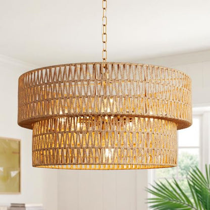 Boho Rattan Chandelier Light Fixture
