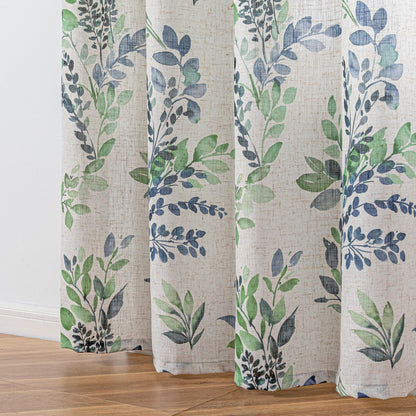 Floral Linen Curtains 90 inch Long 2 Panels Set Leaf Patterned Semi Sheer Light Filtering Privacy Farmhouse Grommet Drapes for Living Room Bedroom (B-green / 52"W x 90"L (Pack of 2))
