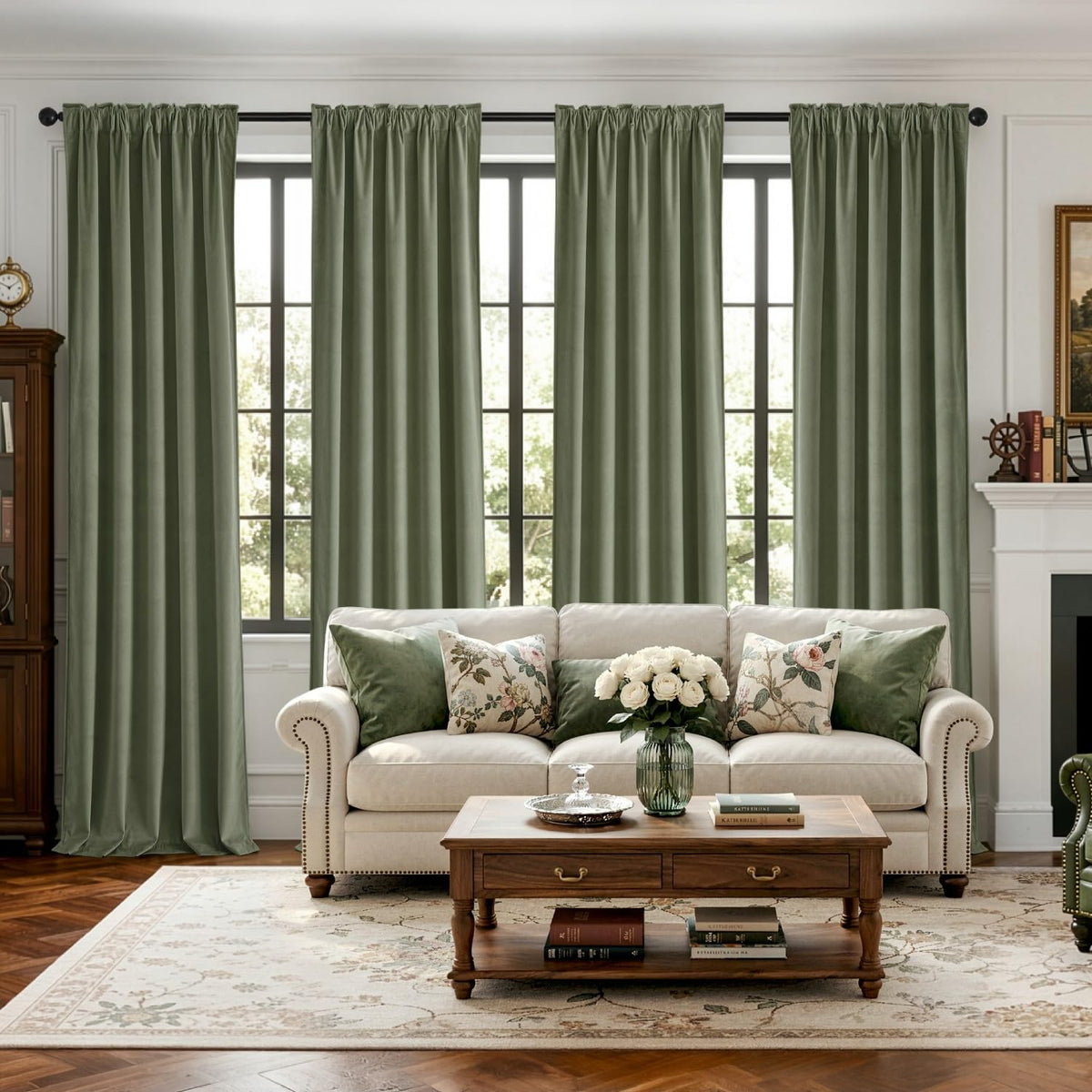 Sage Green Velvet Curtains 4 Panels Set Back Tab 40x108 Inch Long (Sage Green / 40"W x 108"L (Pack of 4))