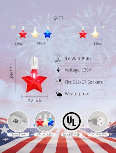 50FT 25 Light Patriotic Star Red White and Blue LED Star Lights (Red White Blue Star Lights / 50FT)