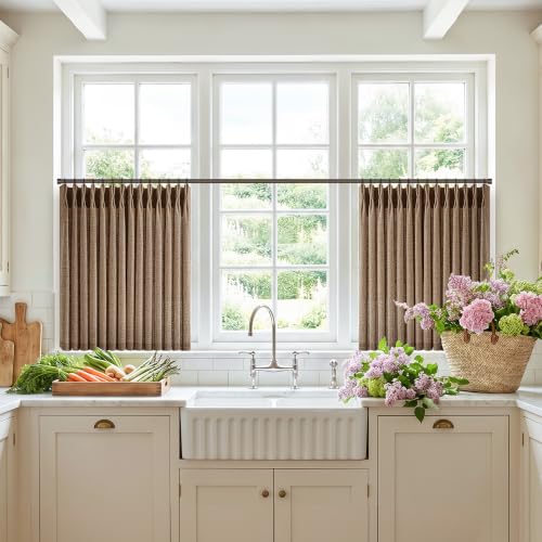 Rust Brown Pinch Pleated Linen Semi Sheer Cafe Curtains 24 Inch 2 Panels (Rust Brown / 40"W x 24"L (Pack of 2))