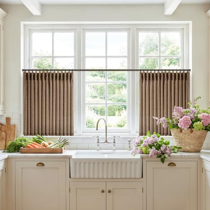 Rust Brown Pinch Pleated Linen Semi Sheer Cafe Curtains 24 Inch 2 Panels (Rust Brown / 40"W x 24"L (Pack of 2))