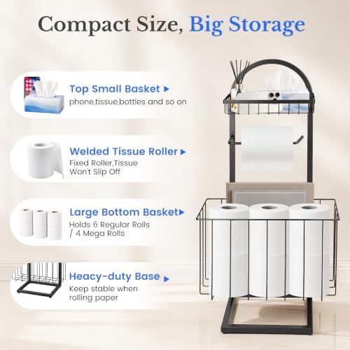 Toilet Paper Holder Stand Freestanding with Storage Basket for Bathroom (Black)