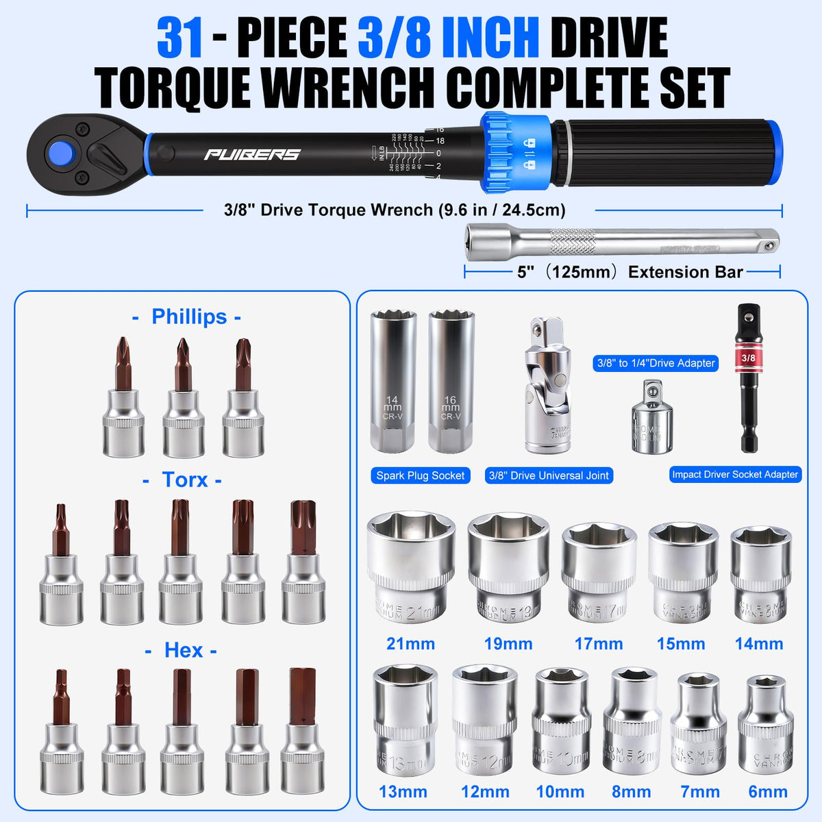 3/8-Inch Drive Click Torque Wrench Set (20-240 in.-lb), 31-Piece Bike & Auto Tool Kit with Metric Sockets (6-21mm), Torx/Hex Bit Sockets, Spark Plug Sockets & Extension (3/8" 20-240 in.lb - 31 Pcs)