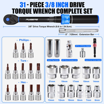 3/8-Inch Drive Click Torque Wrench Set (20-240 in.-lb), 31-Piece Bike & Auto Tool Kit with Metric Sockets (6-21mm), Torx/Hex Bit Sockets, Spark Plug Sockets & Extension (3/8" 20-240 in.lb - 31 Pcs)