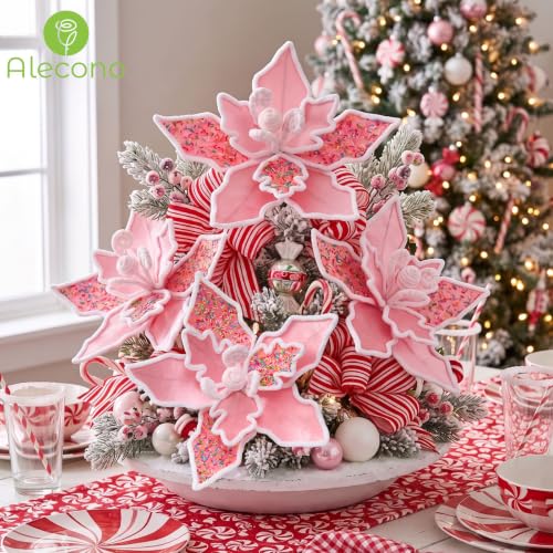 6 PCS 13in Pink Candy Cane Poinsettia Artificial Christmas Flowers (Pink Candy)
