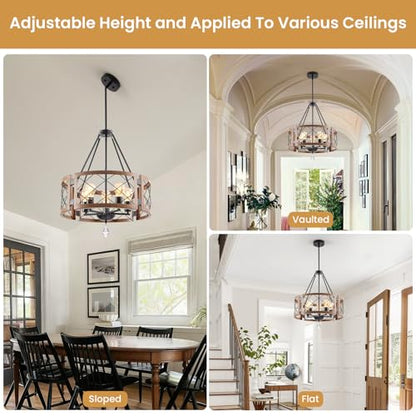 Rustic Farmhouse Chandelier Wooden Light Fixture Round Chandelier