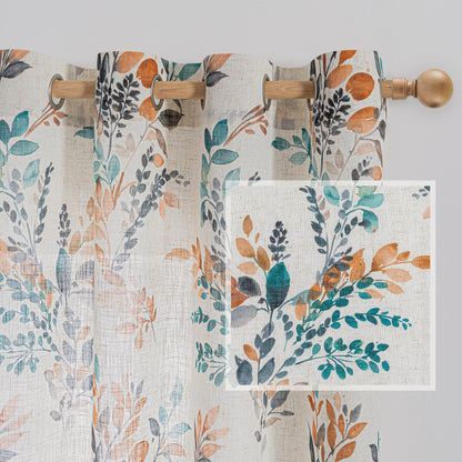 Floral Linen Curtains 72 inch Long 2 Panels Set Leaf Patterned Semi Sheer Light Filtering Privacy Farmhouse Grommet Drapes for Bedroom (B-burnt Orange / 52"W x 72"L (Pack of 2))